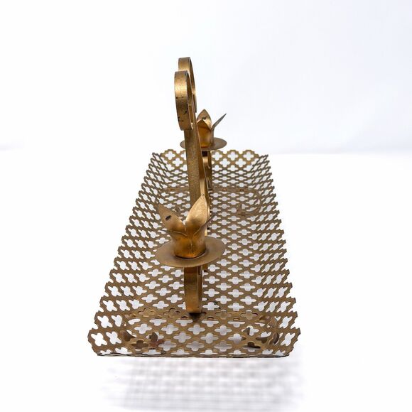 Vintage Brass Tone Quatrefoil Candle Holder Tray Hollywood Regency 15” - Picture 3 of 10